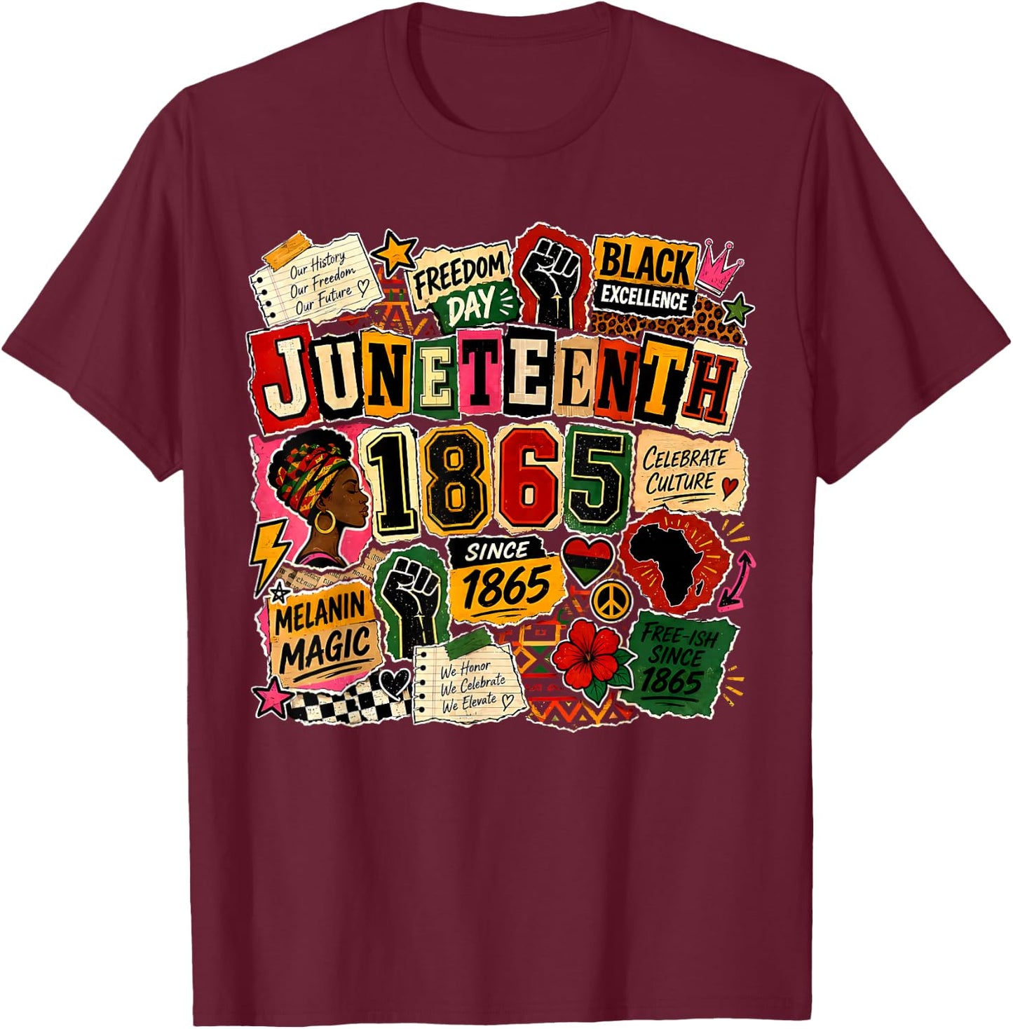 Juneteenth Freeish 1865 Afro Woman Africa Map Freedom Day T-Shirt - T-Shirt | Maroon