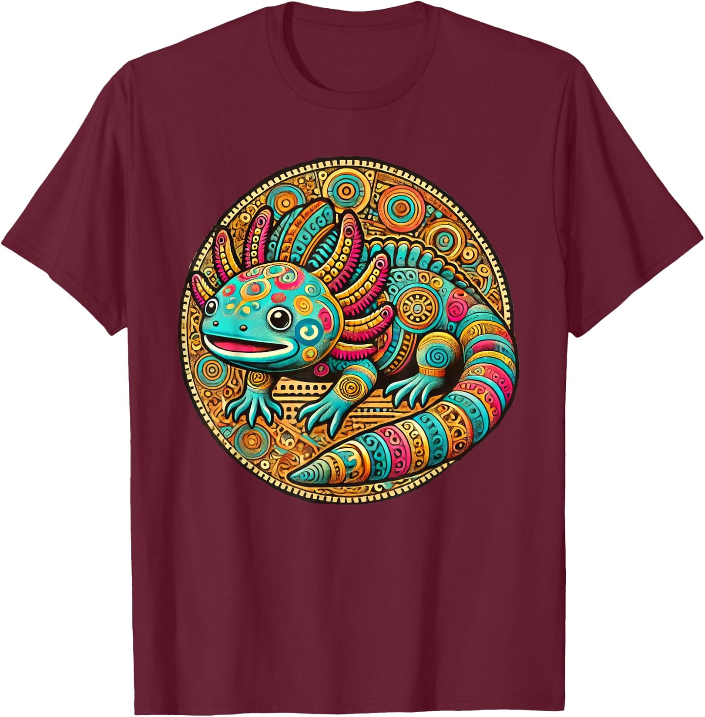 Aztec Axolotl Art Mexican T-Shirt - T-Shirt | Maroon