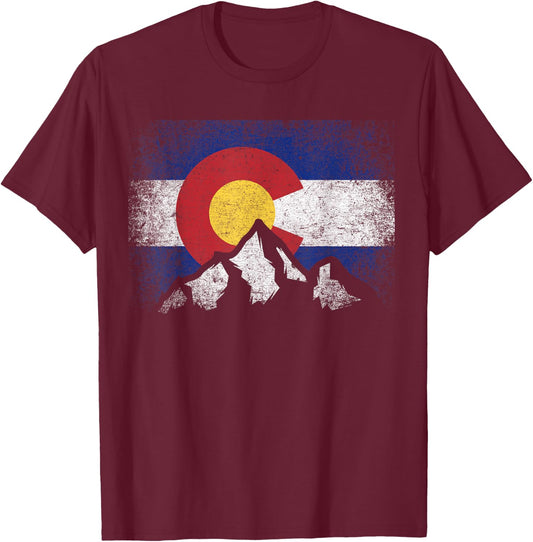 Colorado Flag Mountain Ski Winter Gift Hiker Hiking Camping Small T-Shirt - T-Shirt | Maroon