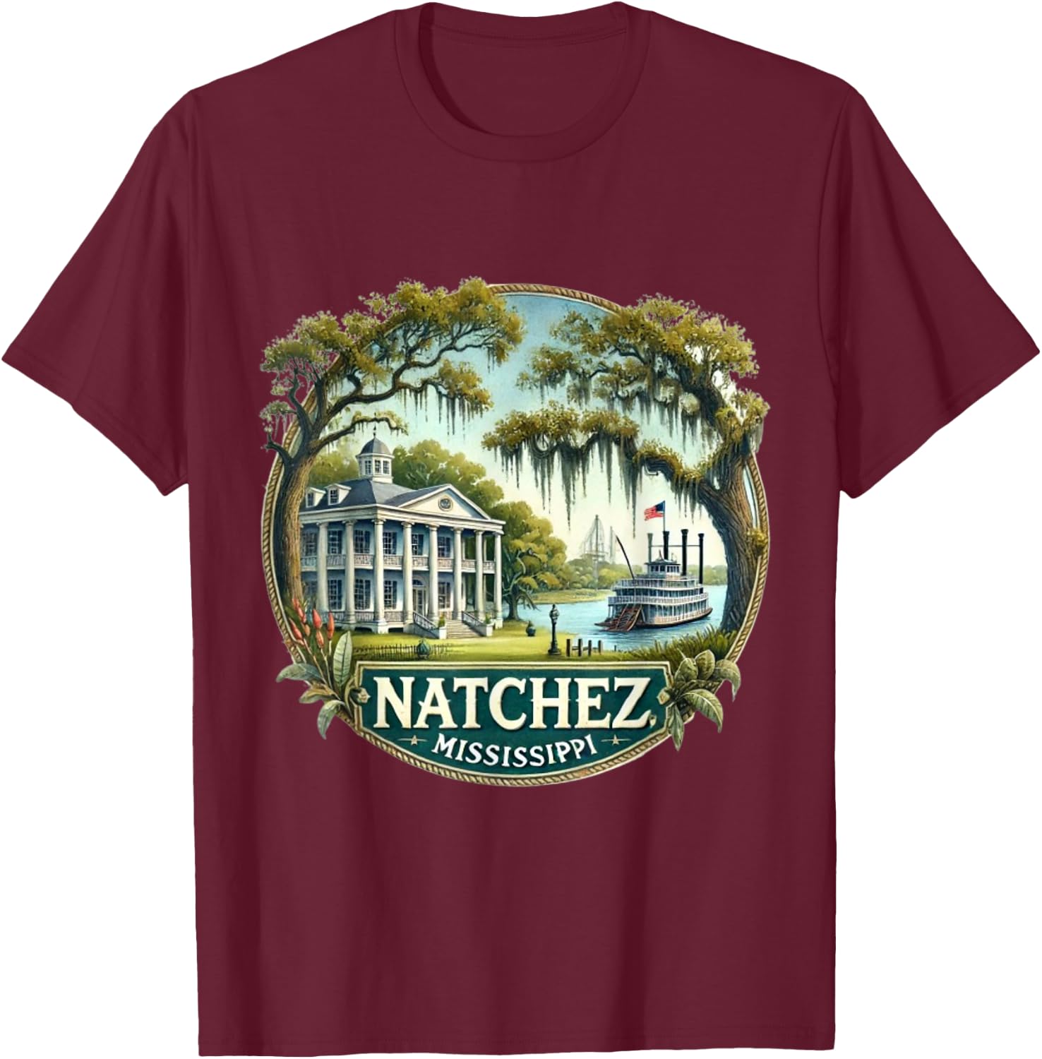 Natchez, MS Mississippi River Boat Plantation T-Shirt - T-Shirt | Maroon