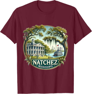Natchez, MS Mississippi River Boat Plantation T-Shirt - T-Shirt | Maroon