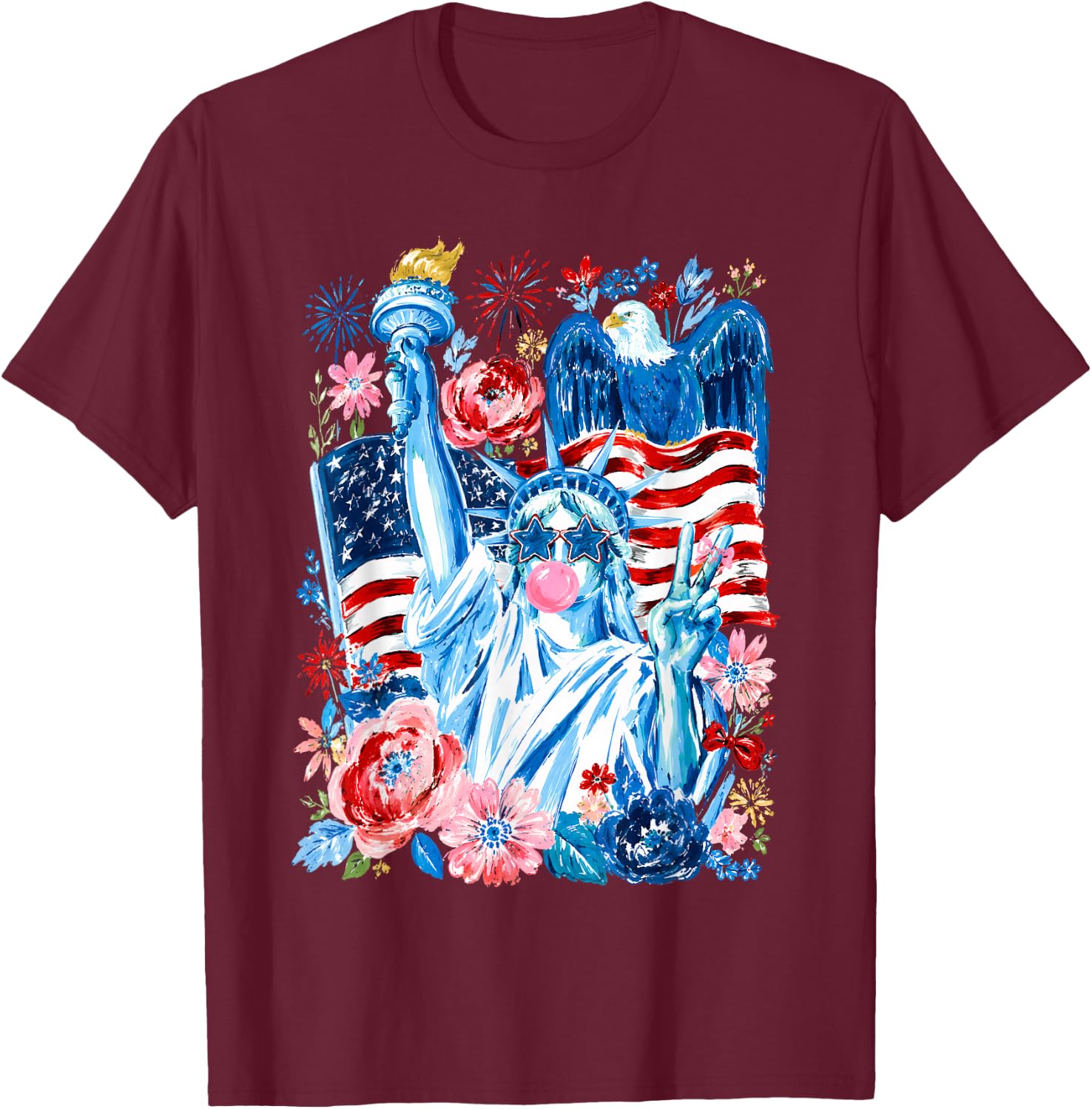 Brushstroke Statue of Liberty Blowing Bubble Gum 4th of July T-Shirt - T-Shirt | Maroon