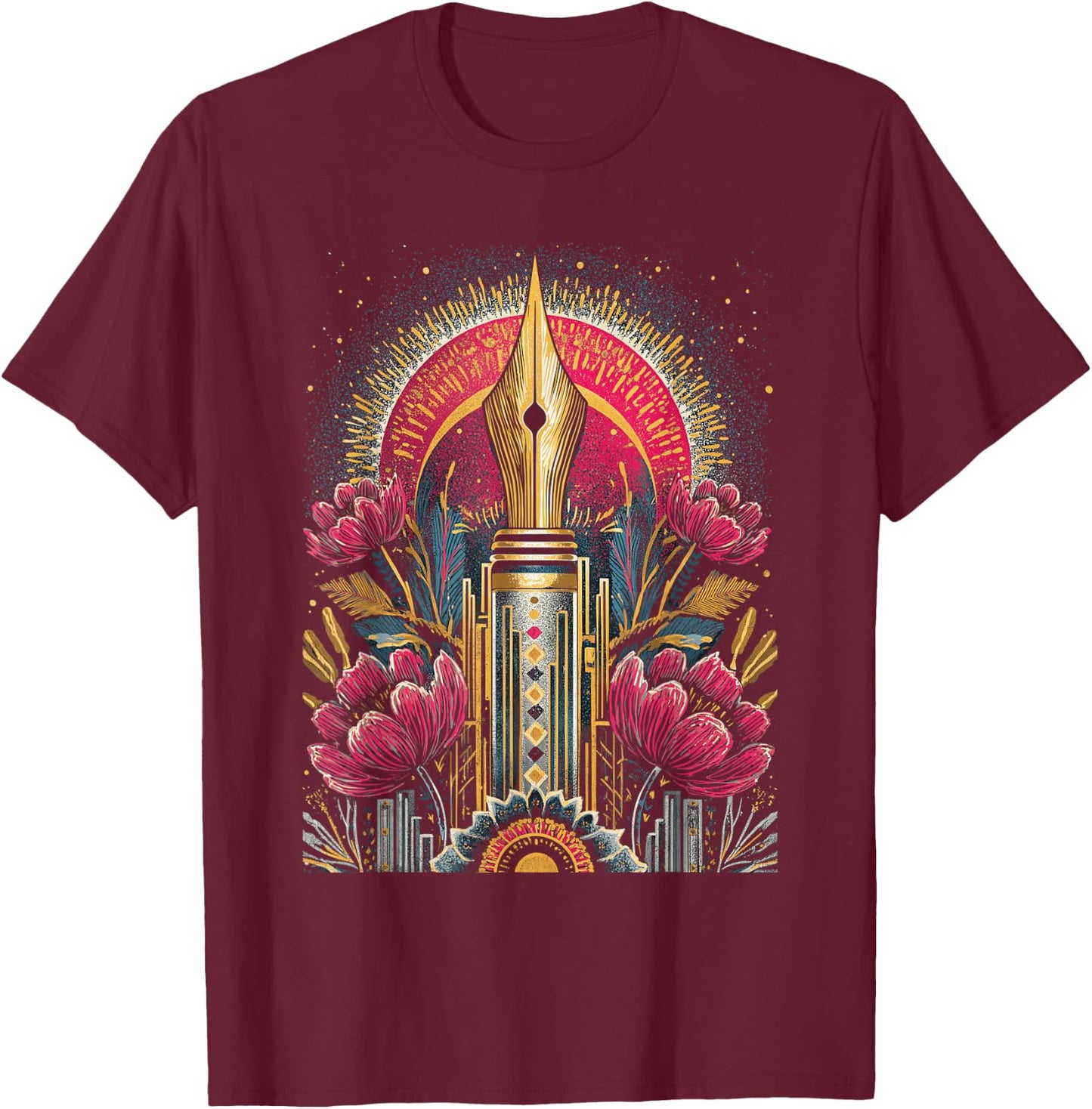 Art Deco Fountain Pen with Floral Ornament Retro Vintage T-Shirt - T-Shirt | Maroon