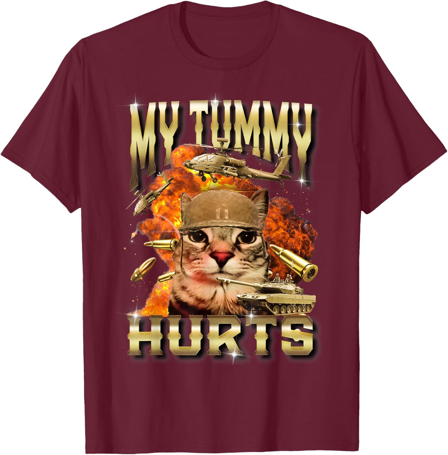 My Tummy Hurts Cat Meme Bootleg Funny T-Shirt - T-Shirt | Maroon
