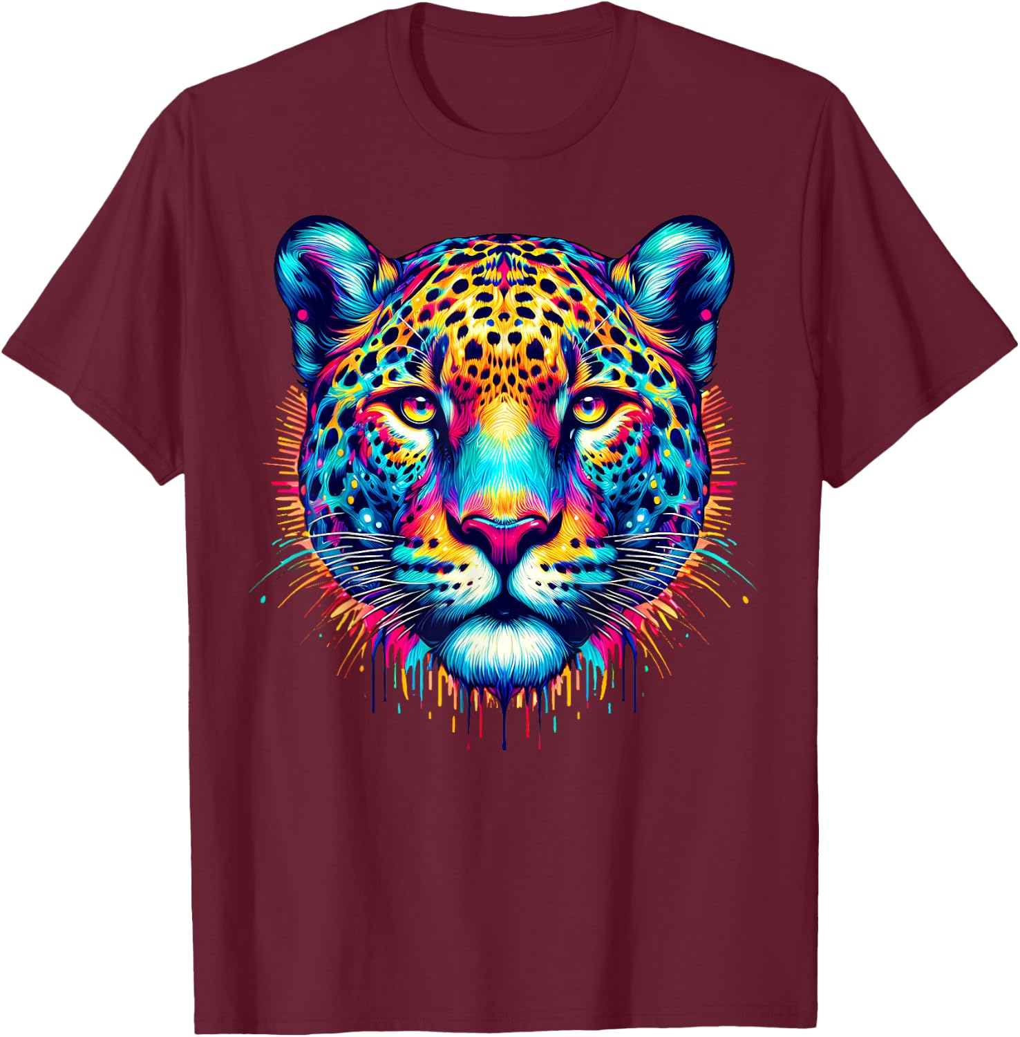 Cool Jaguar Graphic Spirit Animal Illustration Tie Dye Art T-Shirt - T-Shirt | Maroon
