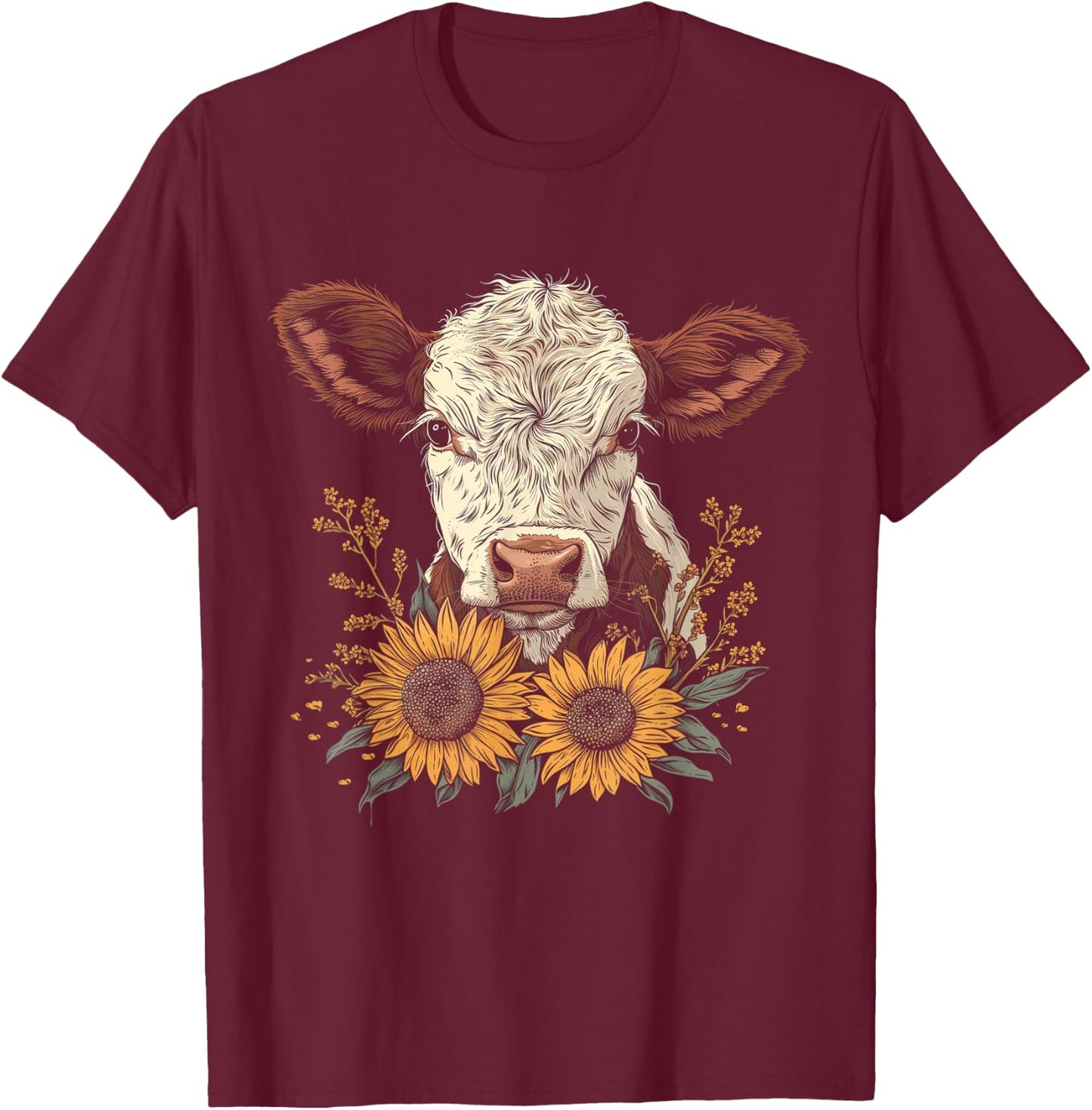 Cow Sunflowers Cute Baby Cow Vintage Farm Animals Farmer T-Shirt - T-Shirt | Maroon