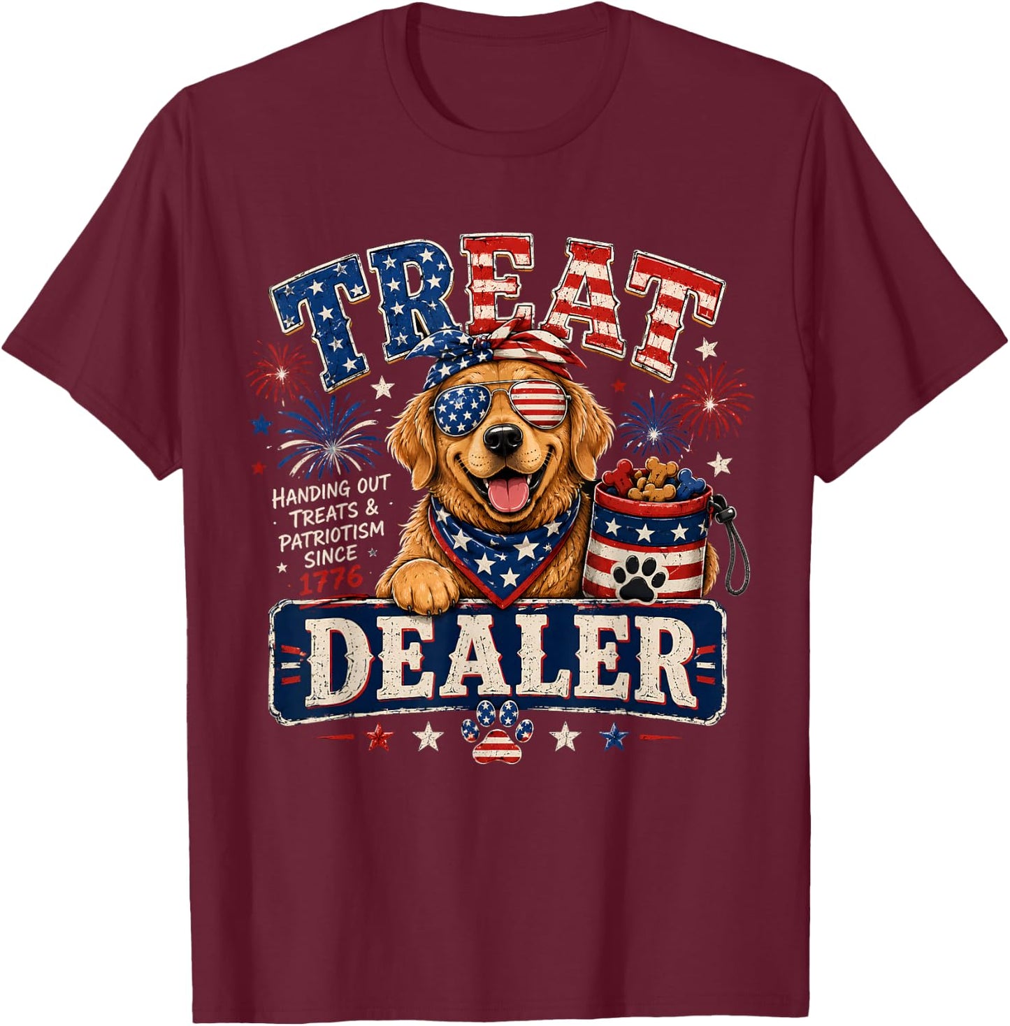 Dog Treat Dealer USA Patriotic 4th of July Golden Retriever T-Shirt - T-Shirt | Maroon