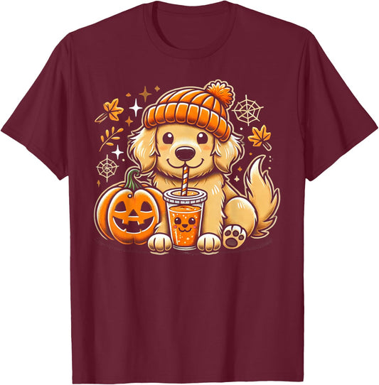 Cute Golden Retriever in Autumn with Pumpkin Drink T-Shirt - T-Shirt | Maroon