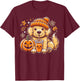 Cute Golden Retriever in Autumn with Pumpkin Drink T-Shirt - T-Shirt | Maroon