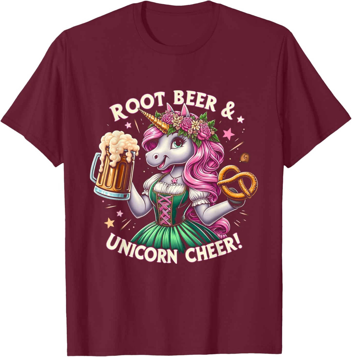 German Drindl Unicorn Beer Pretzel Funny Oktoberfest Party T-Shirt - T-Shirt | Maroon