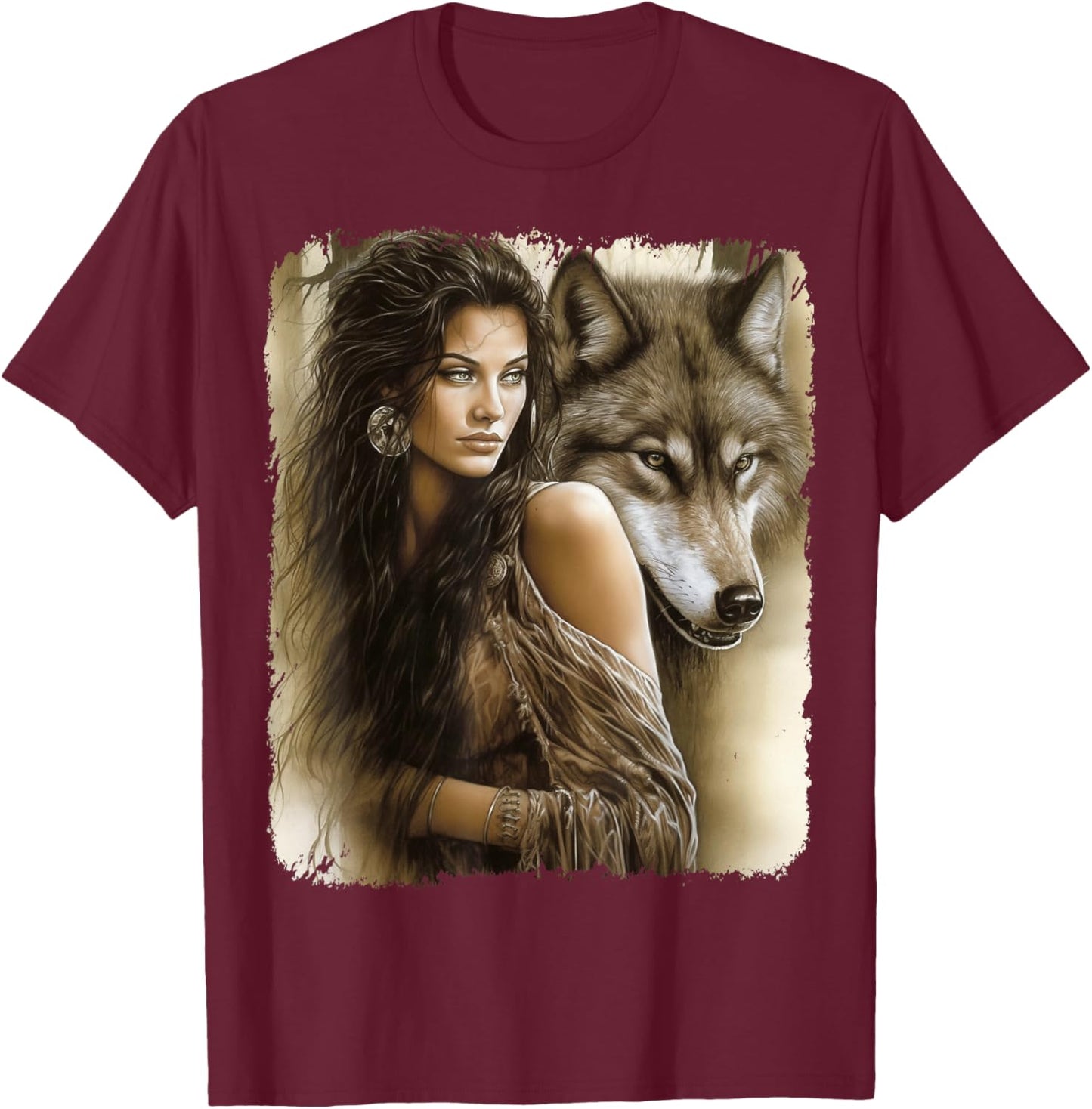 Woman and Grey Wolf Fantasy , black T-Shirt - T-Shirt | Maroon