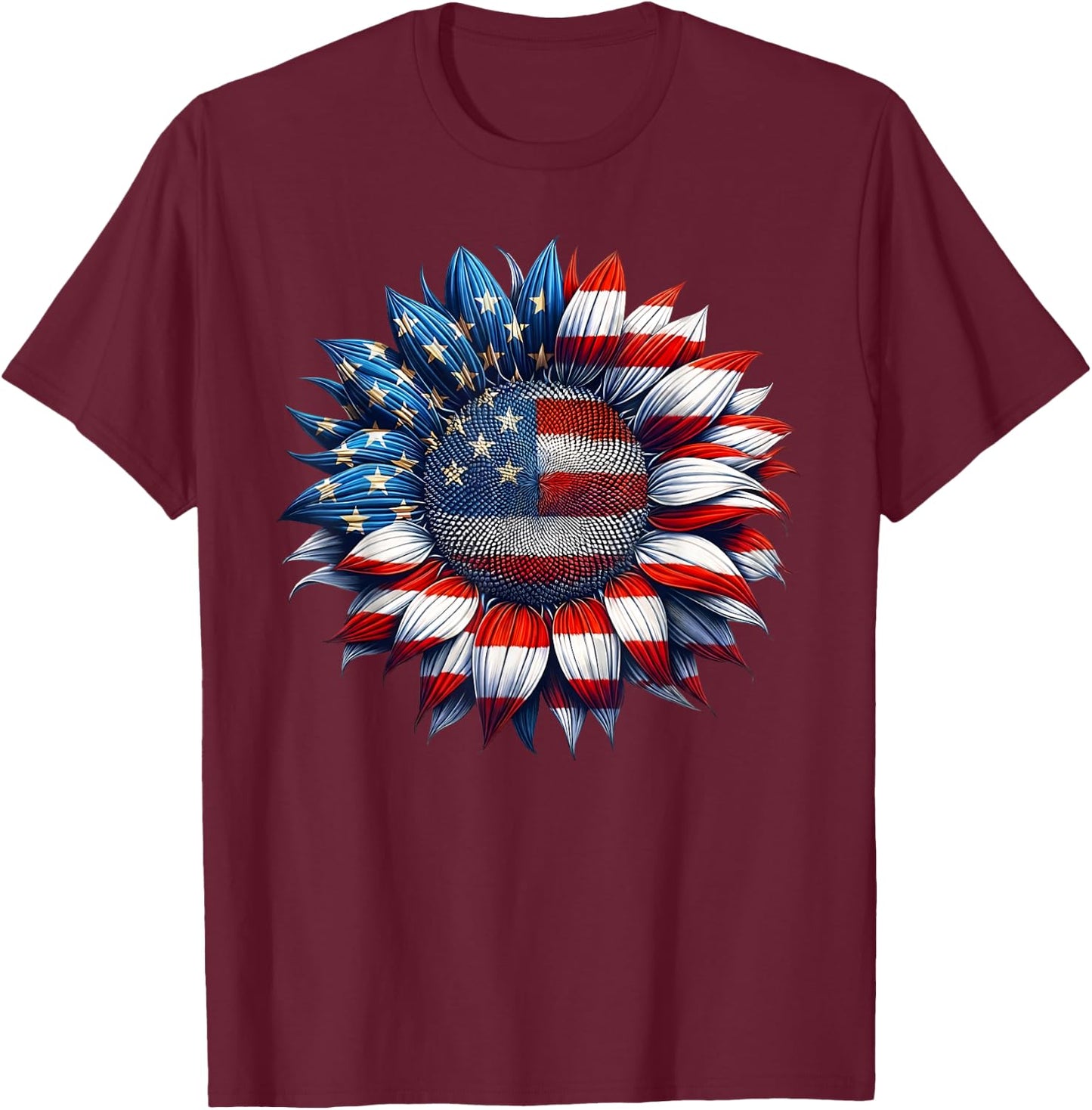 Sunflower American Flag 4th of July Women Men Merica USA T-Shirt - T-Shirt | Maroon