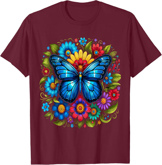 Blue Butterfly With Flowers Garden Beautiful Butterflies T-Shirt - T-Shirt | Maroon