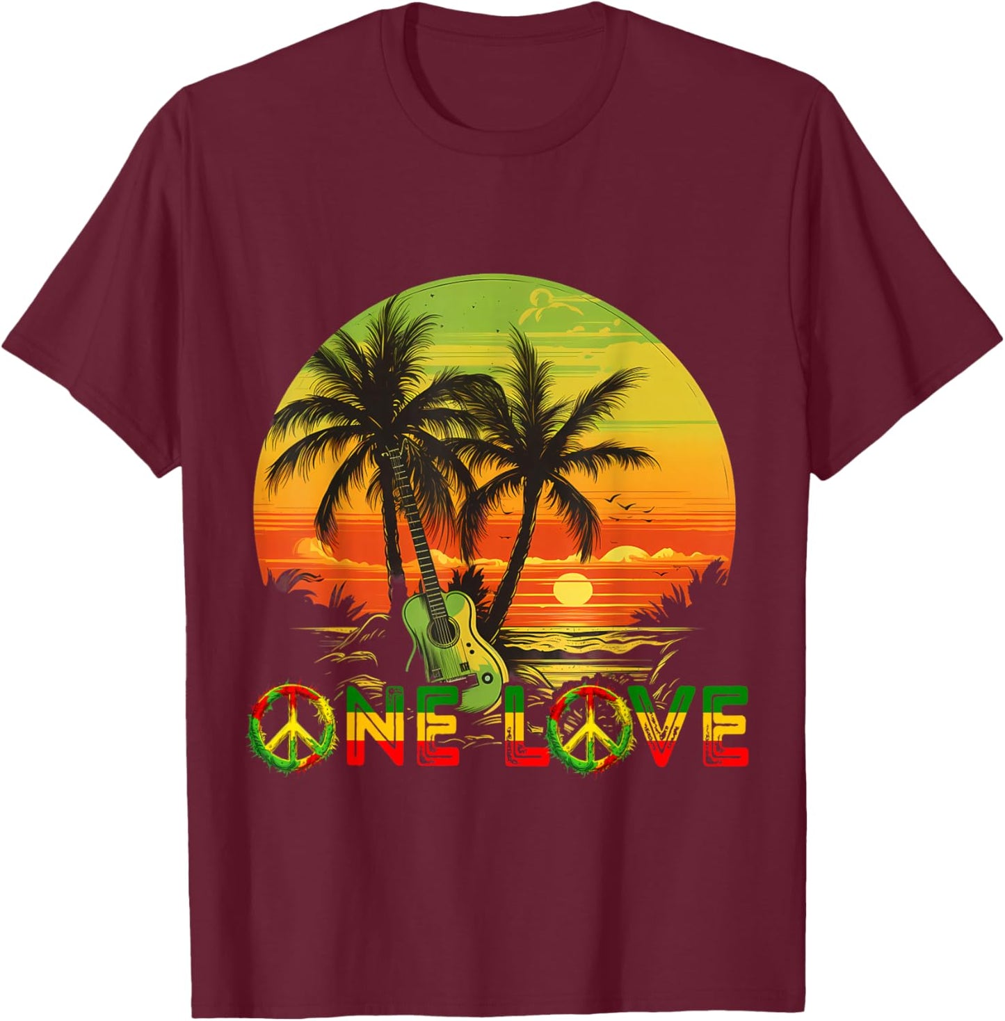 Rasta Reggae Sunset Reggae Music Guitar Guitarist Jamaica , black T-Shirt - T-Shirt | Maroon