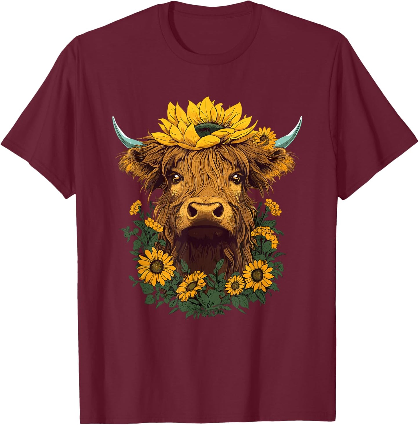 Highland Cow Sunflower Western Country T-Shirt - T-Shirt | Maroon