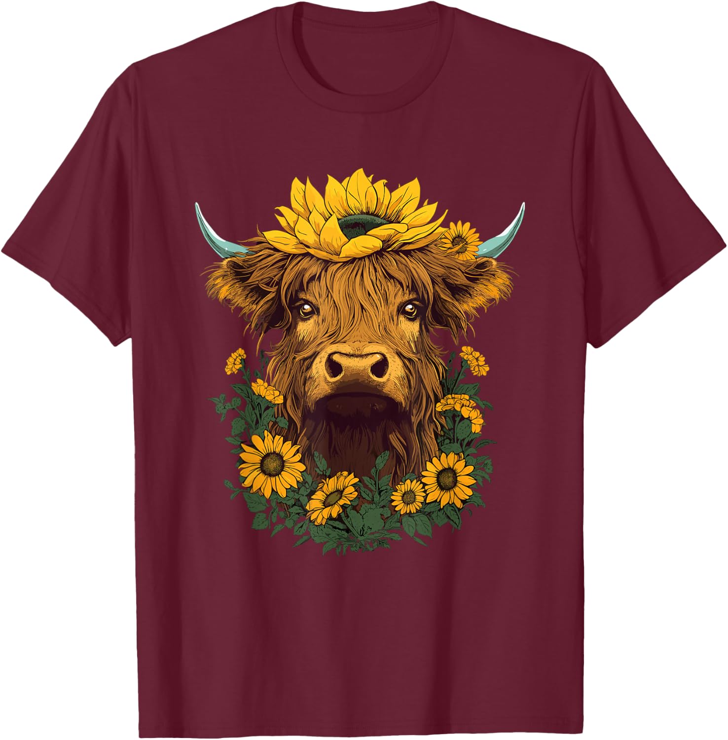 Highland Cow Sunflower Western Country T-Shirt - T-Shirt | Maroon