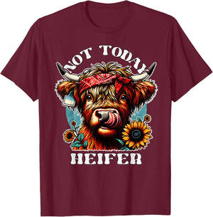 Not Today Heifer Retro Highland Cow Bandana Sunflowers T-Shirt - T-Shirt | Maroon