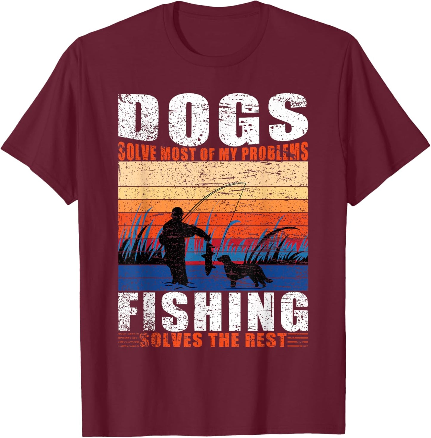 Old man Fishing Dad Dogs T-Shirt - T-Shirt | Maroon