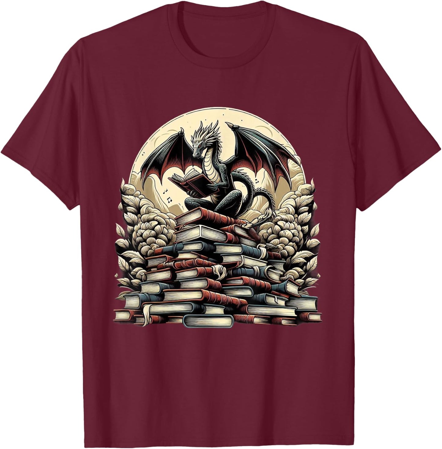 Dragon Reading a Book Dragons and Books Lover Bookworm T-Shirt - T-Shirt | Maroon