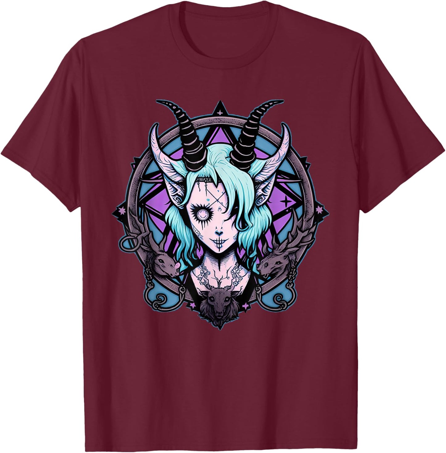 Kawaii Paste Scary Goat Pentacle T-Shirt - T-Shirt | Maroon