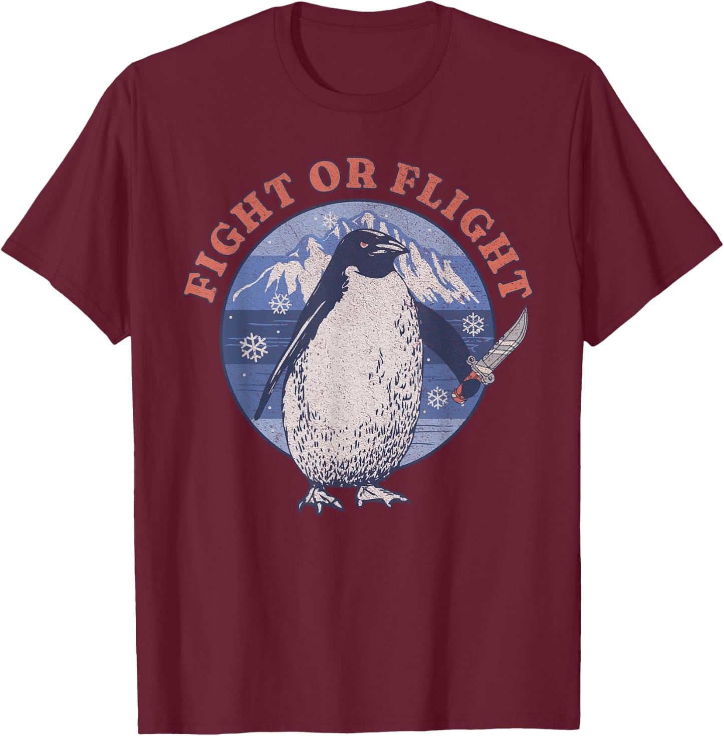 Fight or Flight Penguin Holding Knife Funny Meme T-Shirt - T-Shirt | Maroon