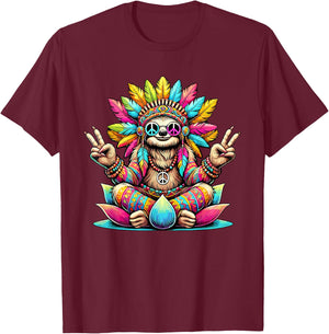 Hippie Sloth, Peace Sign, 70s Party & Costume 60s 70s , Black, S T-Shirt - T-Shirt | Maroon