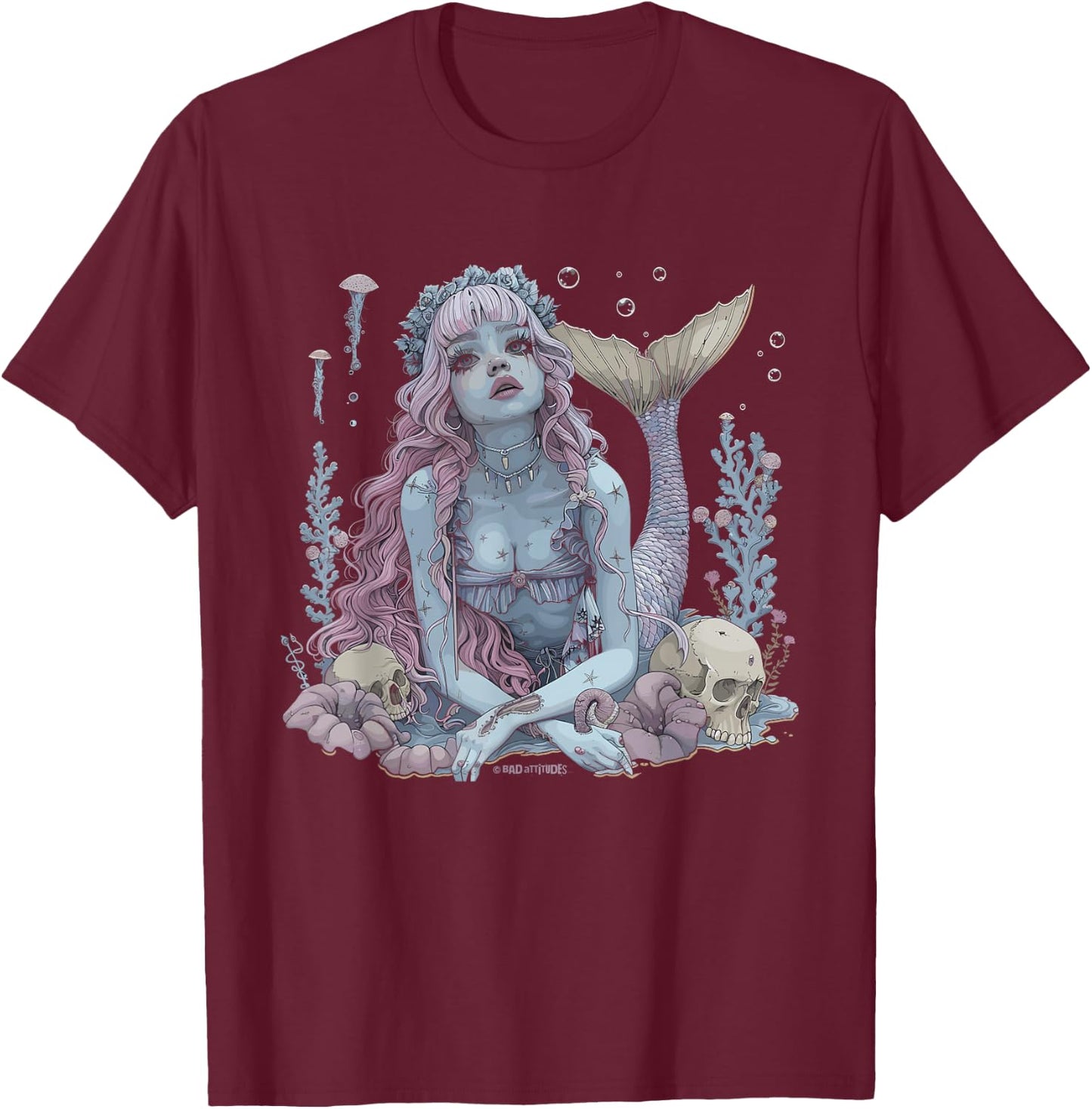 Dark Mermaid Art Gothic Mermaidcore Nautical Ocean Goth T-Shirt - T-Shirt | Maroon