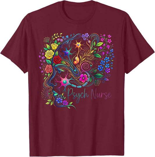Floral Psych RN Psychiatric Nurse Mental Health Nursing Week T-Shirt - T-Shirt | Maroon