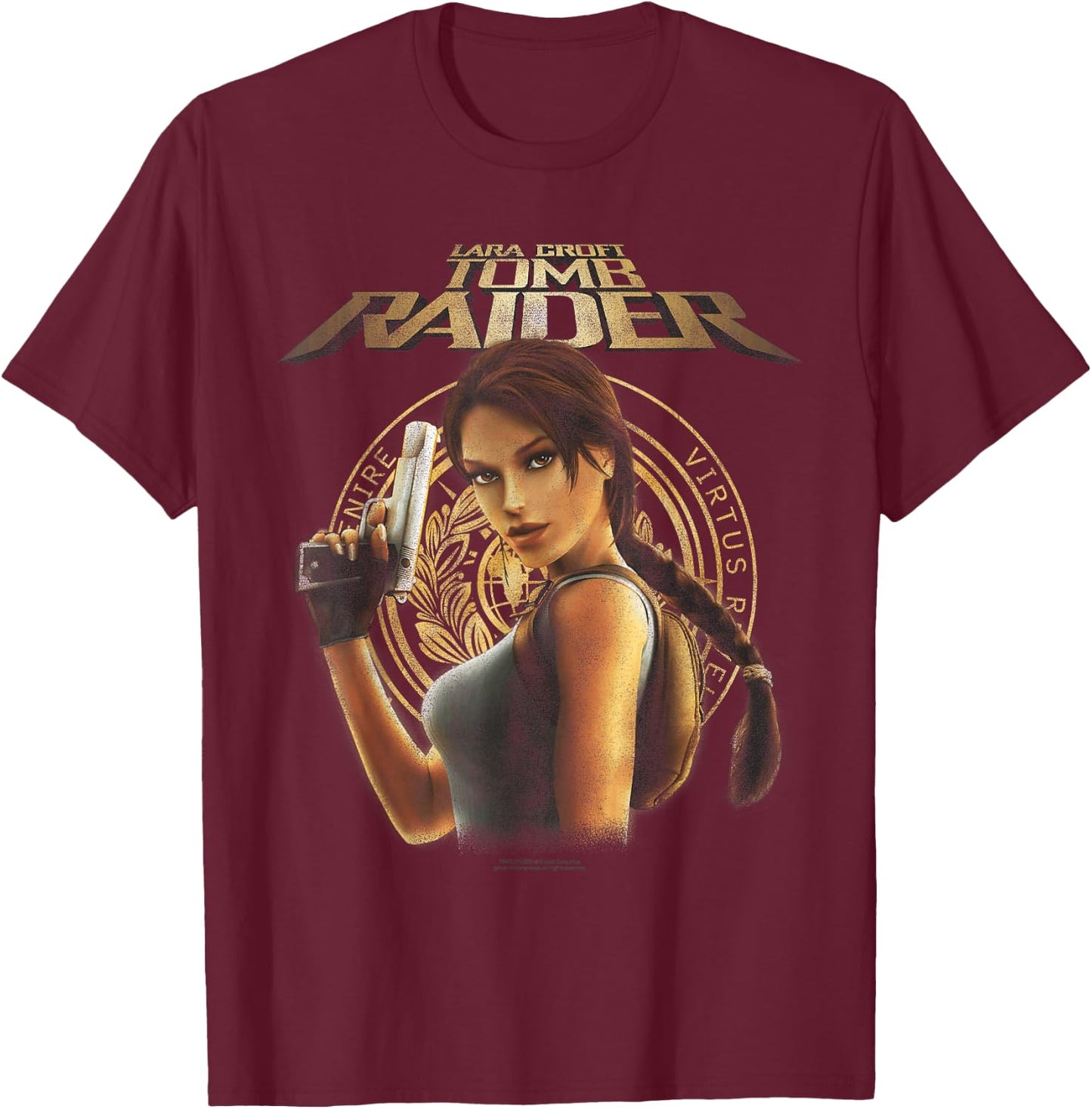 Lara Croft Portrait with Seal Retro Video Game T-Shirt - T-Shirt | Maroon