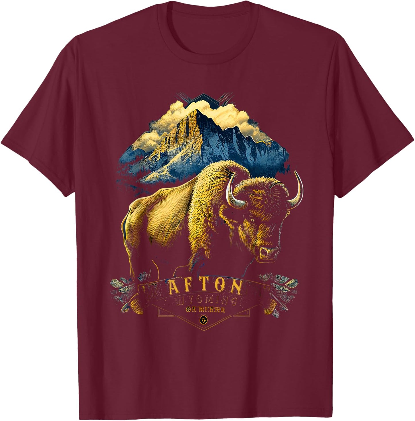 Vintage Afton Wyoming Mountains Bison Western T-Shirt - T-Shirt | Maroon