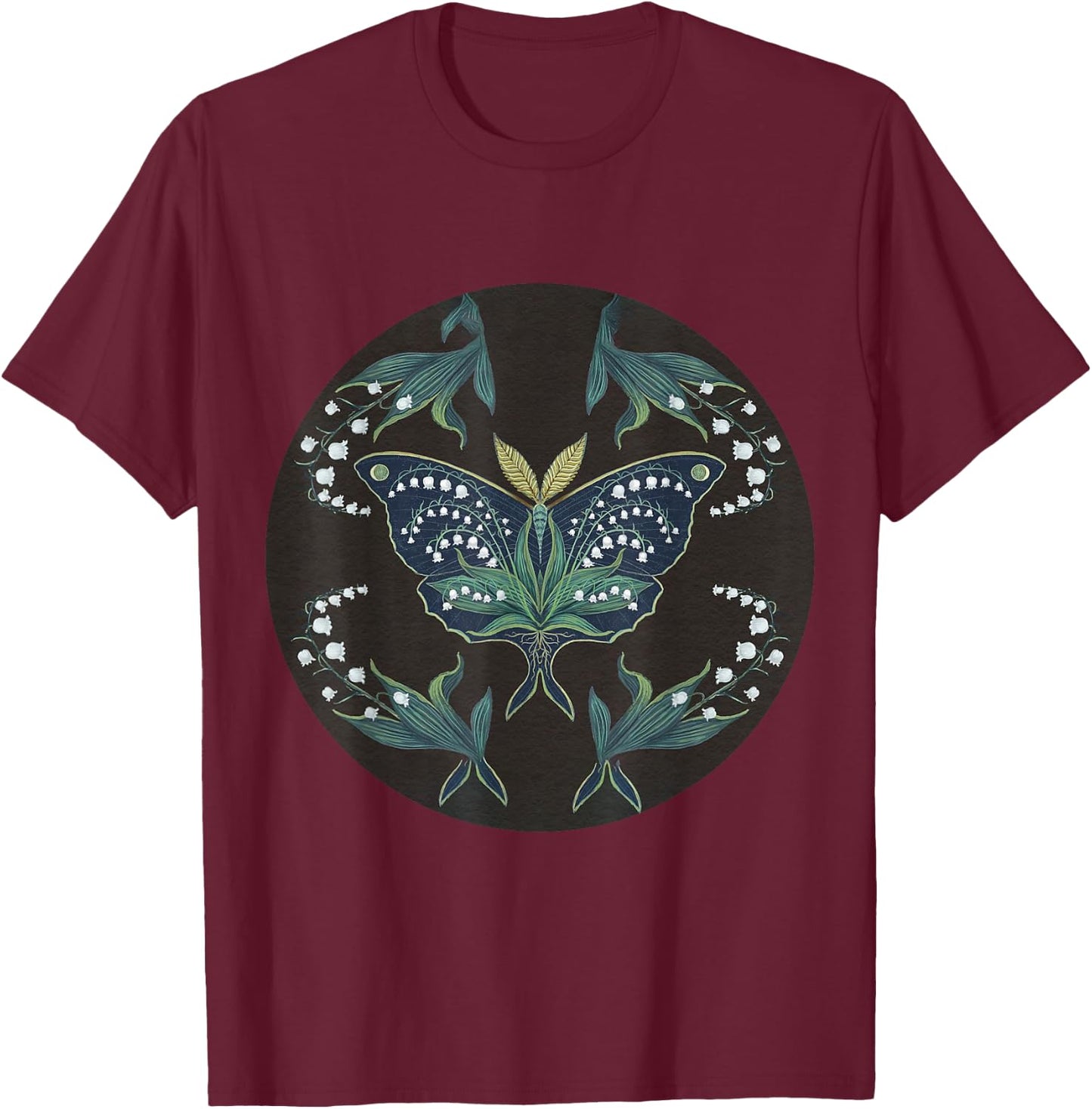 Great Peacock Moth Kawaii Insect Lily Of Valley Garden T-Shirt - T-Shirt | Maroon