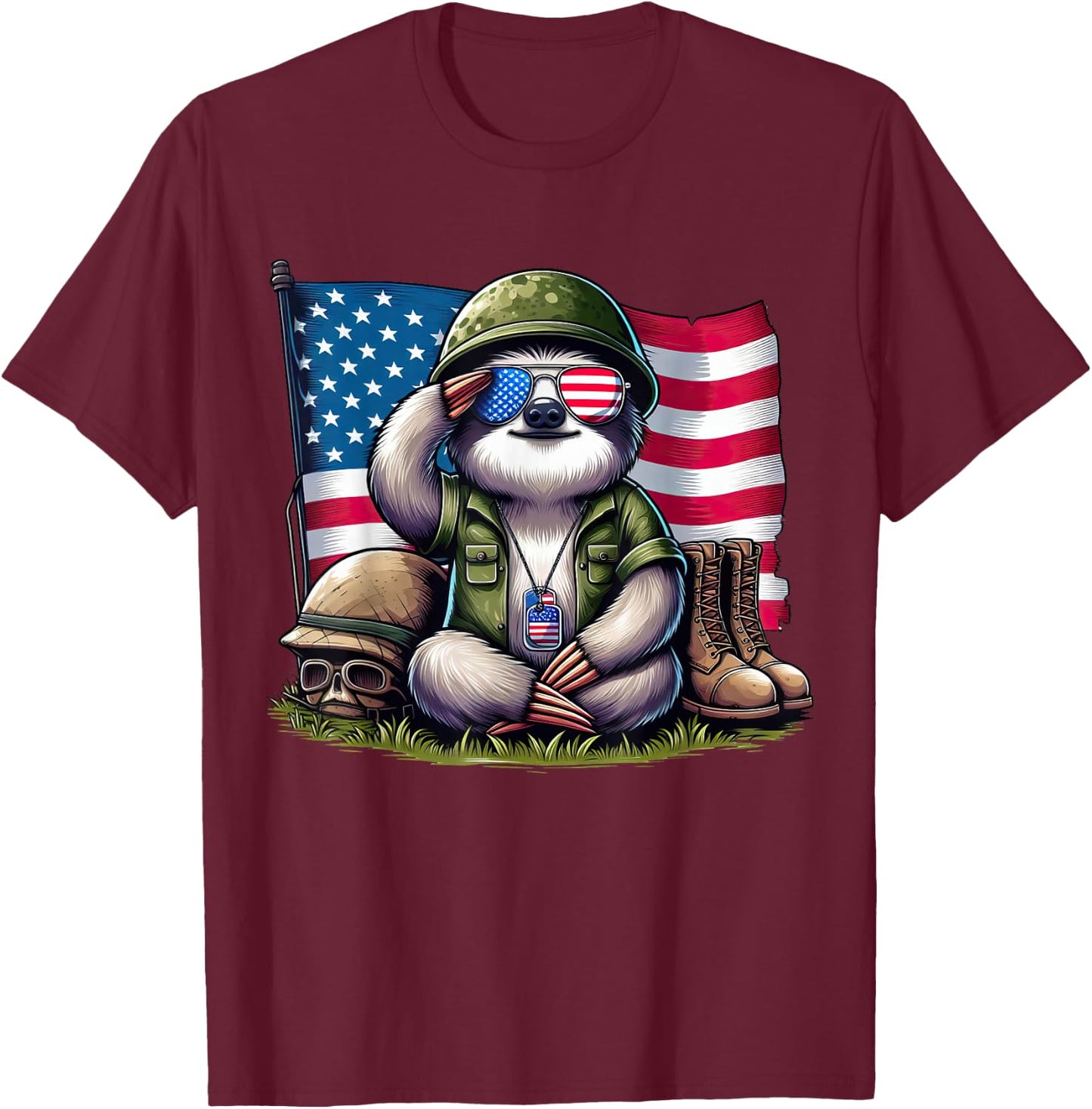 Salute Sloth American USA Flag Memorial Day 4th of July T-Shirt - T-Shirt | Maroon