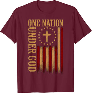 One Nation Under God Patriotic Christian American Flag T-Shirt - T-Shirt | Maroon