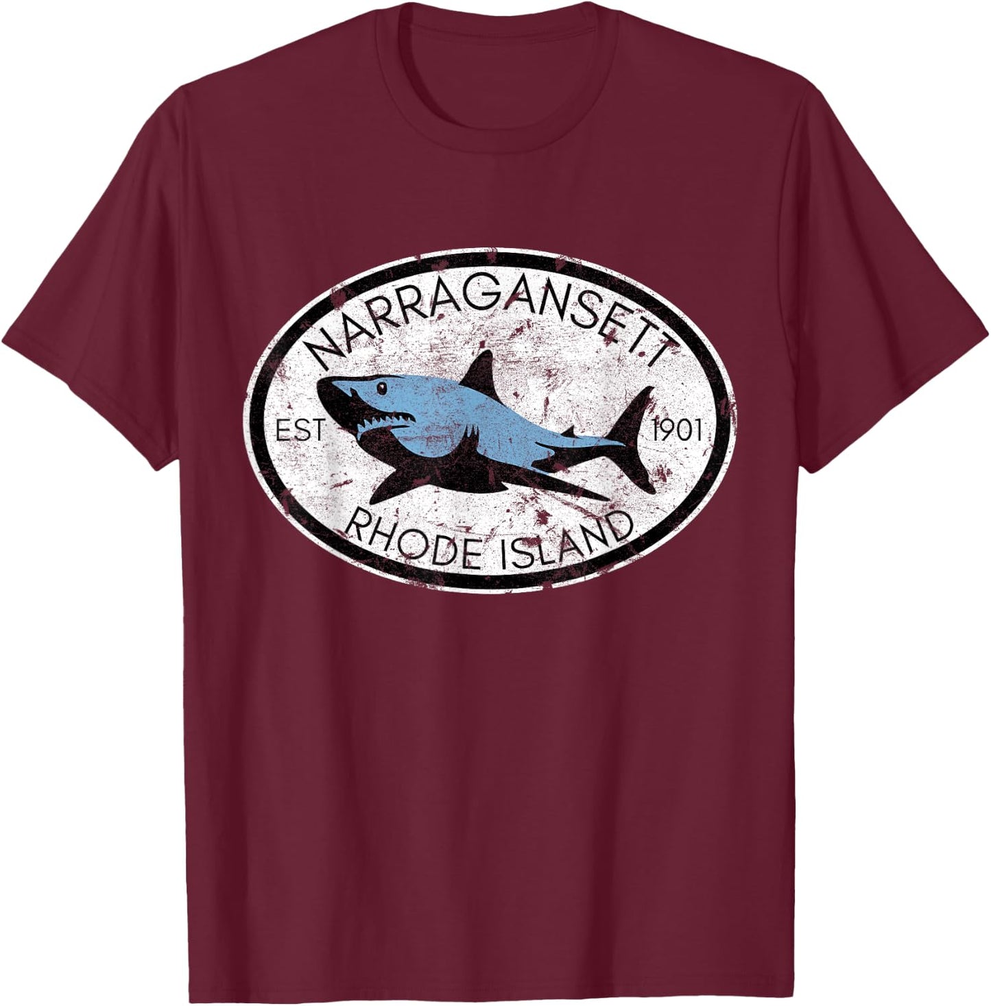 Narragansett Rhode Island Fishing Shark Fish Beach Vintage T-Shirt - T-Shirt | Maroon