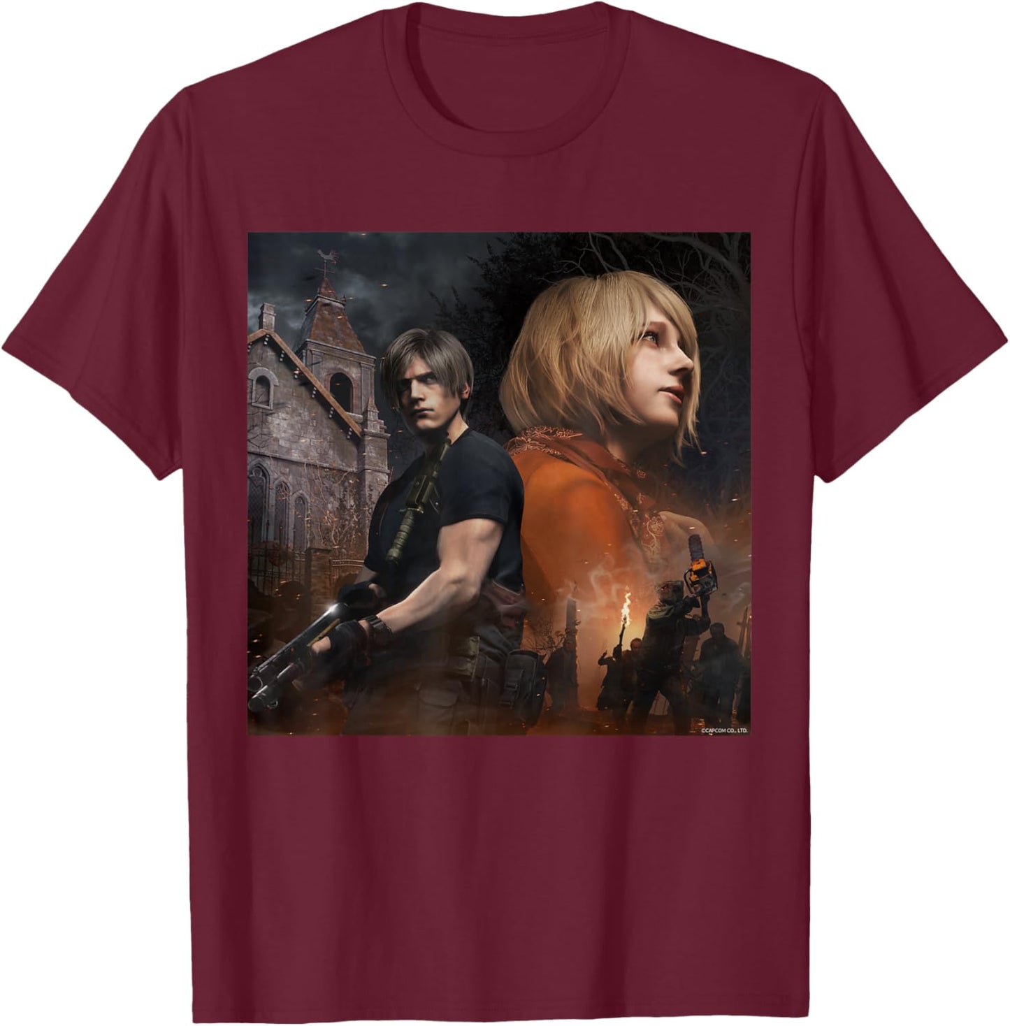 Capcom RESIDENT EVIL 4 Leon & Ashley , Herren, -Erwachsene, Kurzarm, Schwarz, S, Klassisch, mit kurzen Ärmeln T-Shirt - T-Shirt | Maroon