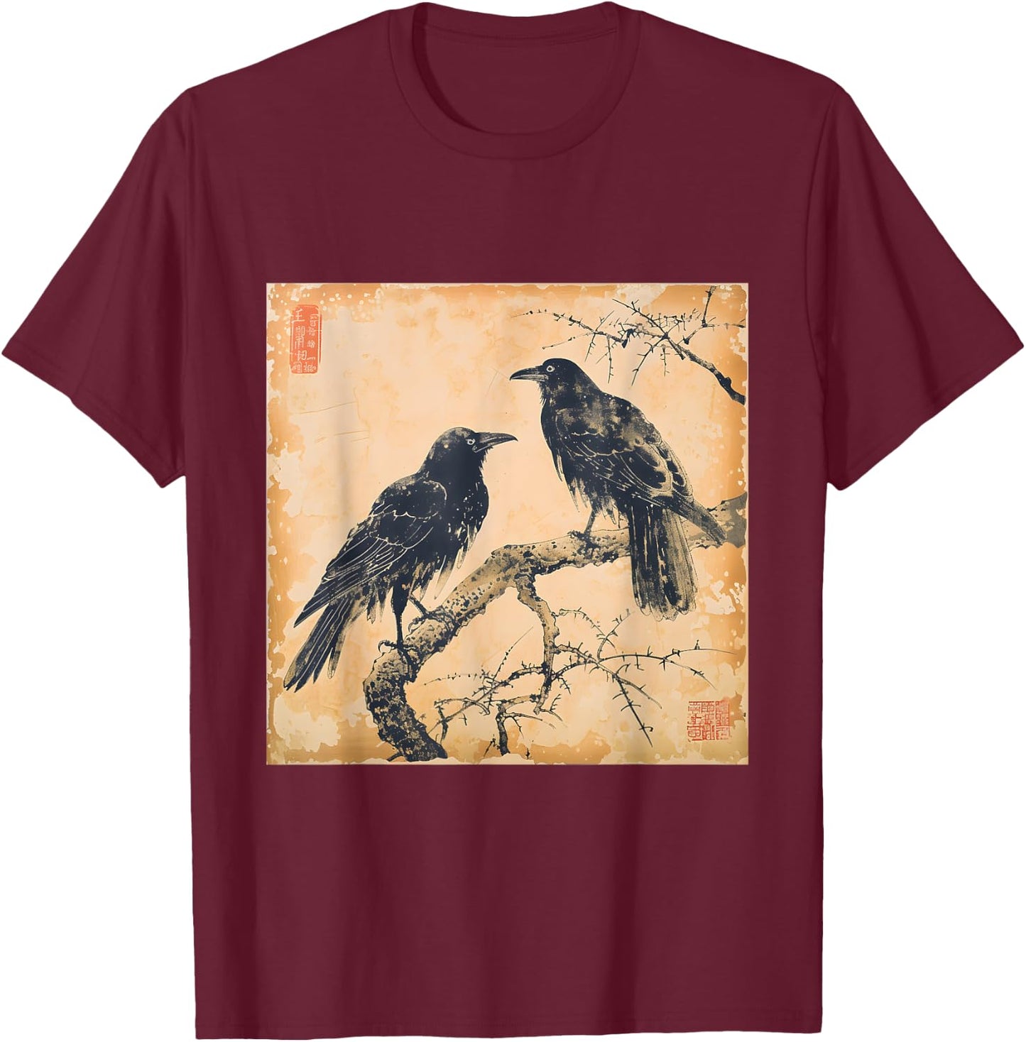 Japanese Vintage Crow Design Classic T-Shirt - T-Shirt | Maroon