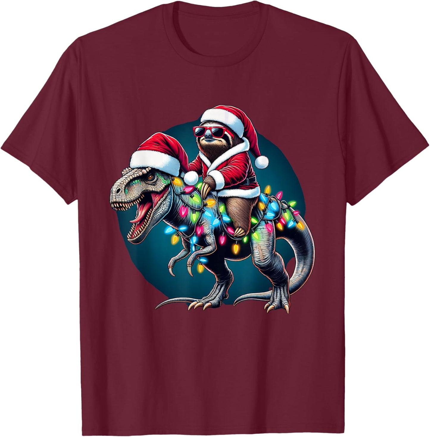 Christmas Lights Sloth Riding T Rex T-Shirt - T-Shirt | Maroon