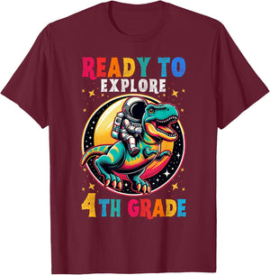 First day back to School 4th grade Astronaut Dinosaur boys T-Shirt - T-Shirt | Maroon