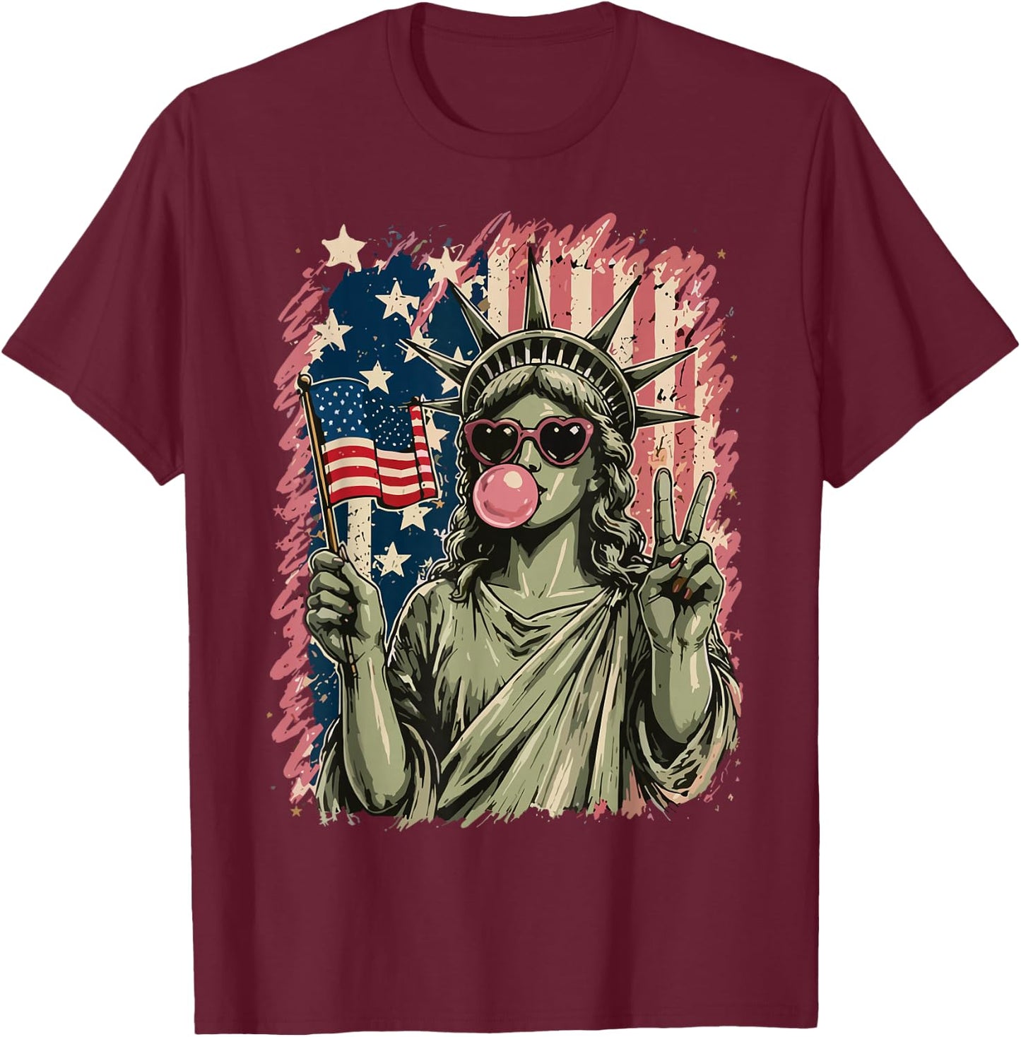 Statue of Liberty Blowing Bubble Gum Patriotic 4th of July T-Shirt - T-Shirt | Maroon