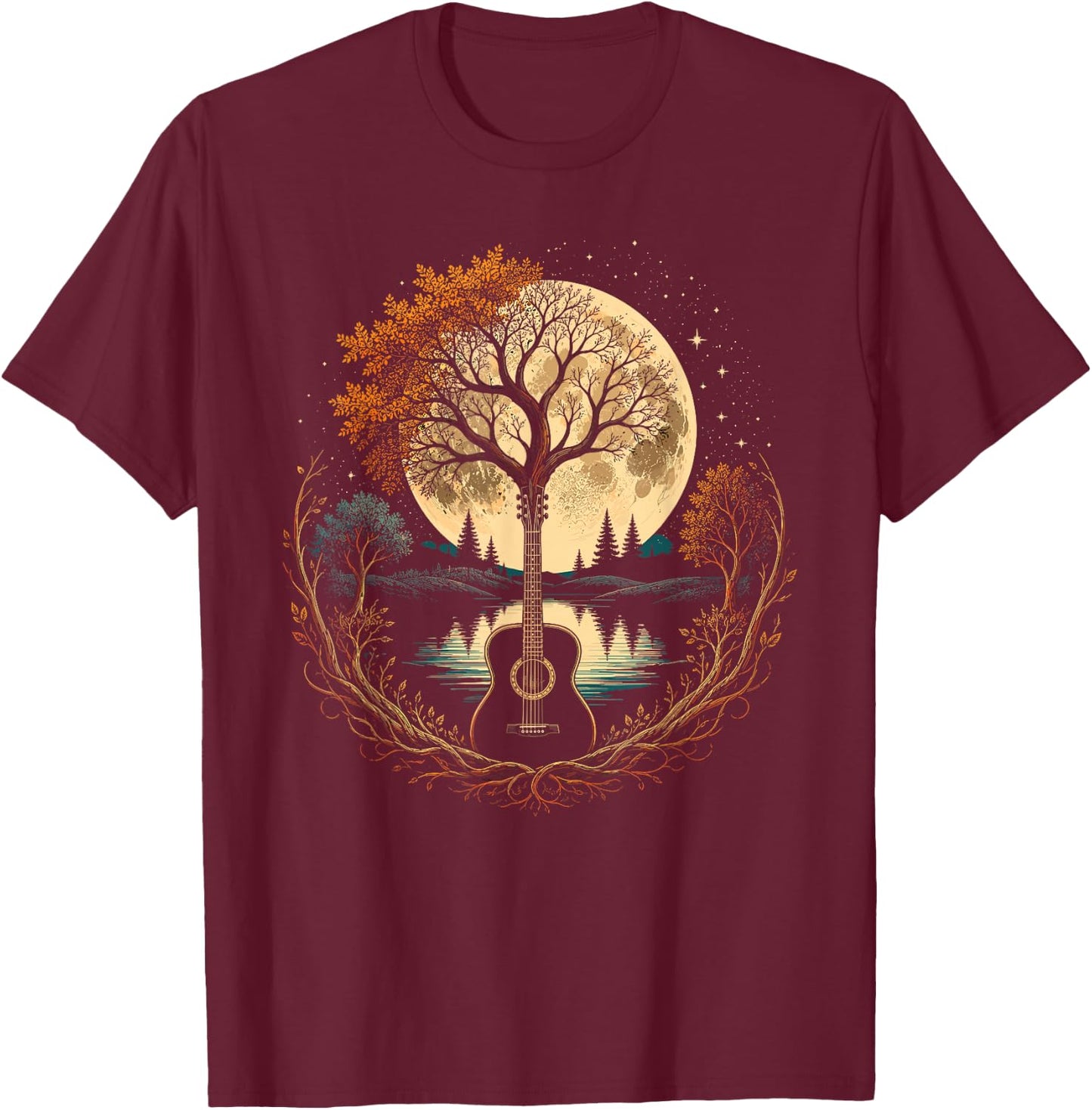 Acoustic Guitar Tree By The Lake Autumn Moon T-Shirt - T-Shirt | Maroon
