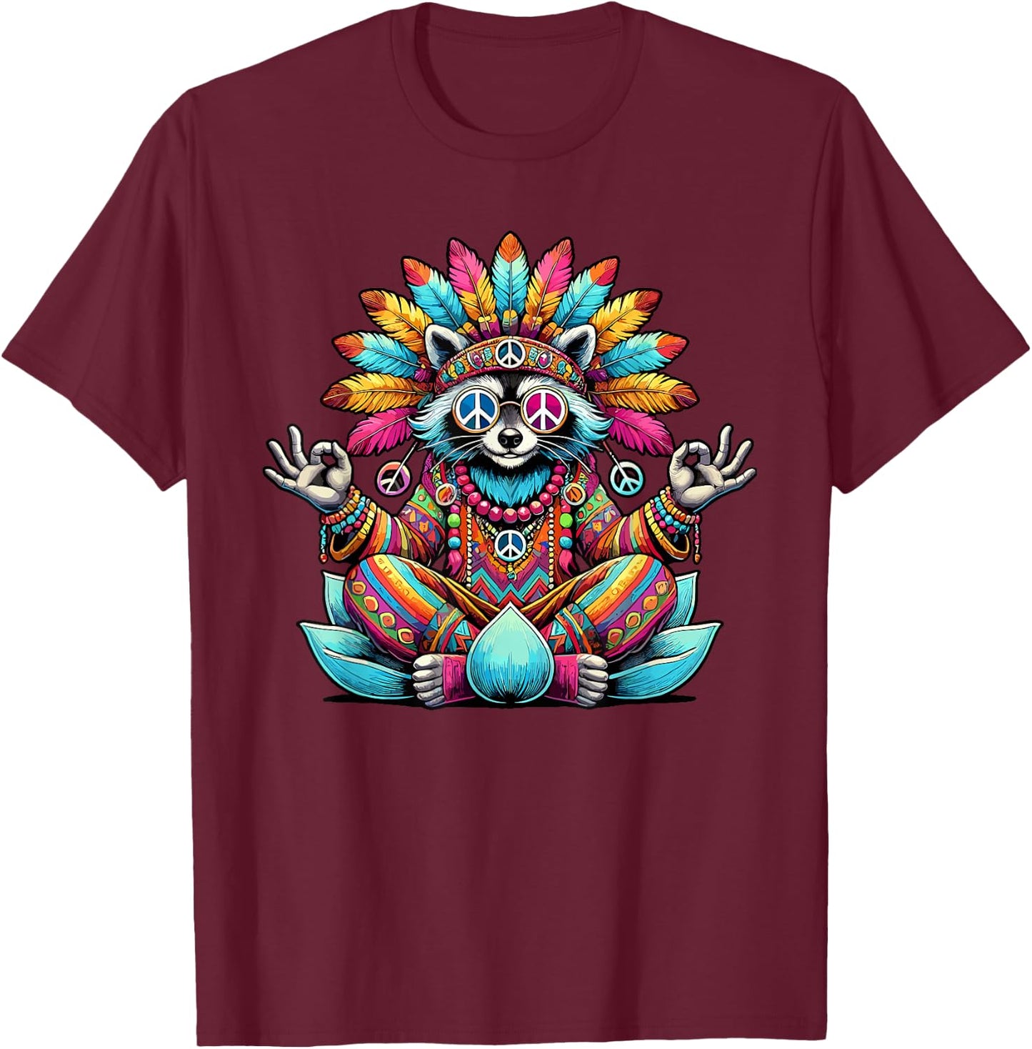Raccoon Hippie Costume Peace Sign 70s 60s Party 70s 70s , Black, S T-Shirt - T-Shirt | Maroon