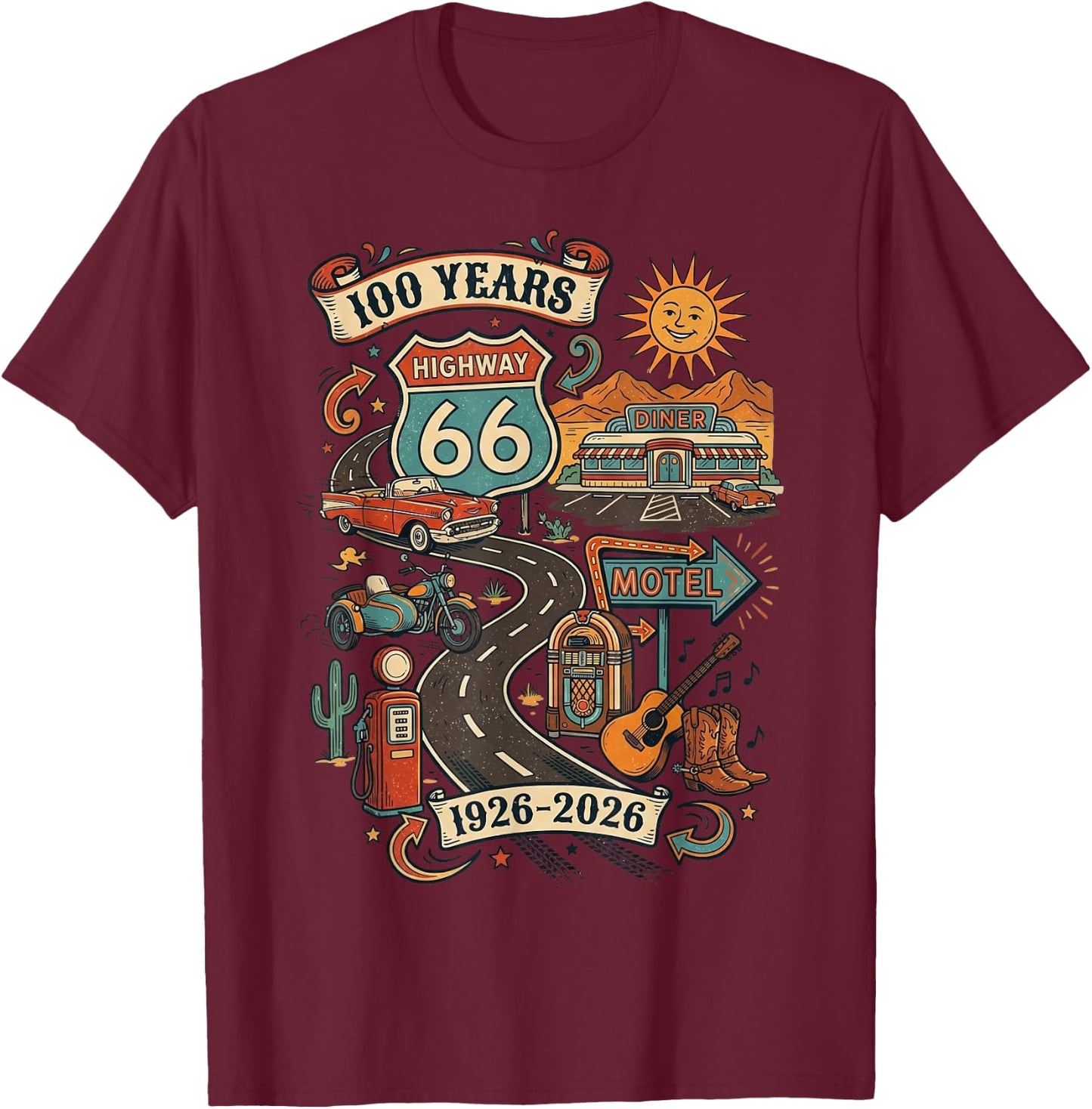 Highway 66 100 Years Centennial 1926-2026 Road Trip Vintage T-Shirt - T-Shirt | Maroon