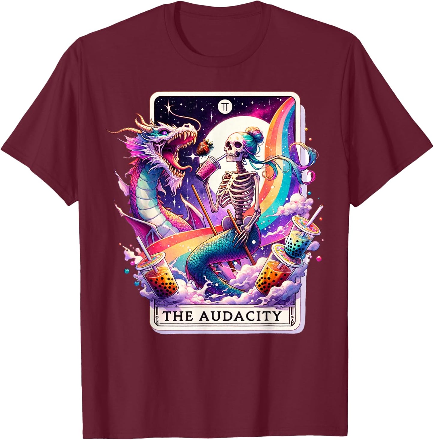 The Audacity Tarot Mermaid Skeleton Messy Bun Rainbow Boba T-Shirt - T-Shirt | Maroon