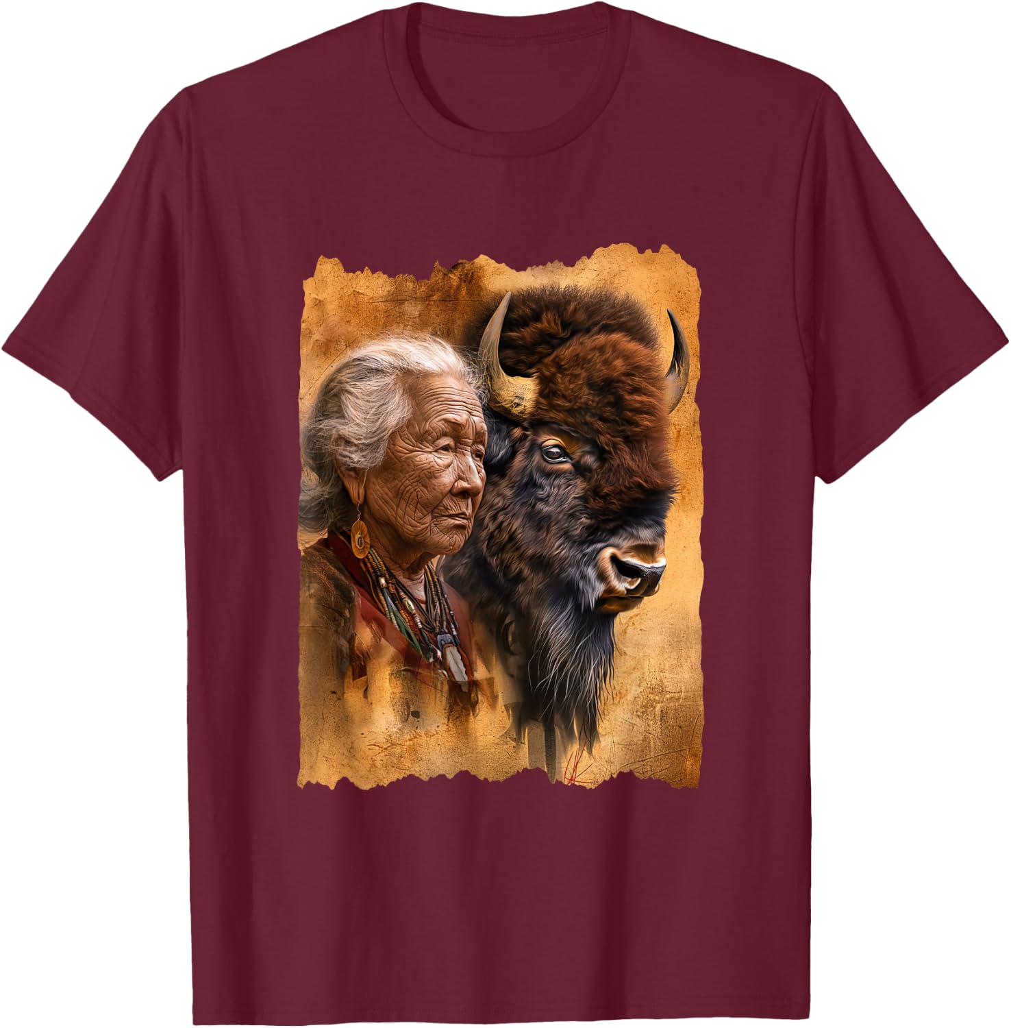 Native American Woman With Buffalo Or Bison T-Shirt - T-Shirt | Maroon