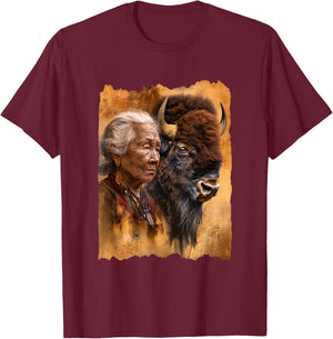 Native American Woman With Buffalo Or Bison T-Shirt - T-Shirt | Maroon