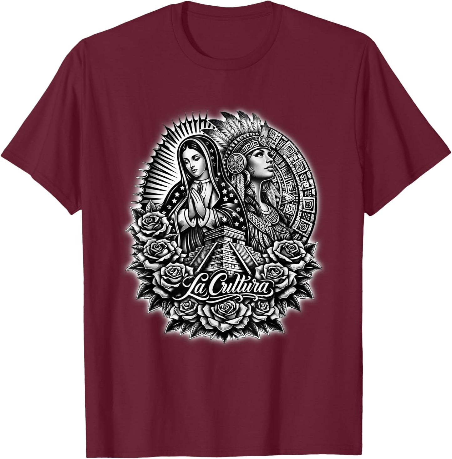 Virgen De Guadalupe Aztec Princess Mexico Azteca Mayan T-Shirt - T-Shirt | Maroon