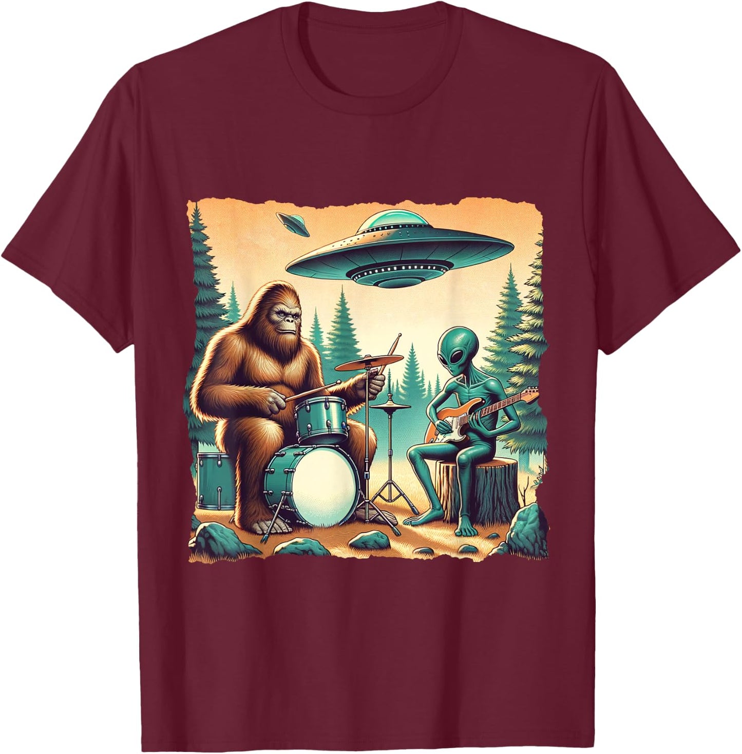 Funny UFO Alien and bigfoot lovers Bigfoot With Drums And Alien Playing Electric Guitar - -Adults, -Kids - Black - Small - Short Sleeve T-Shirt - T-Shirt | Maroon