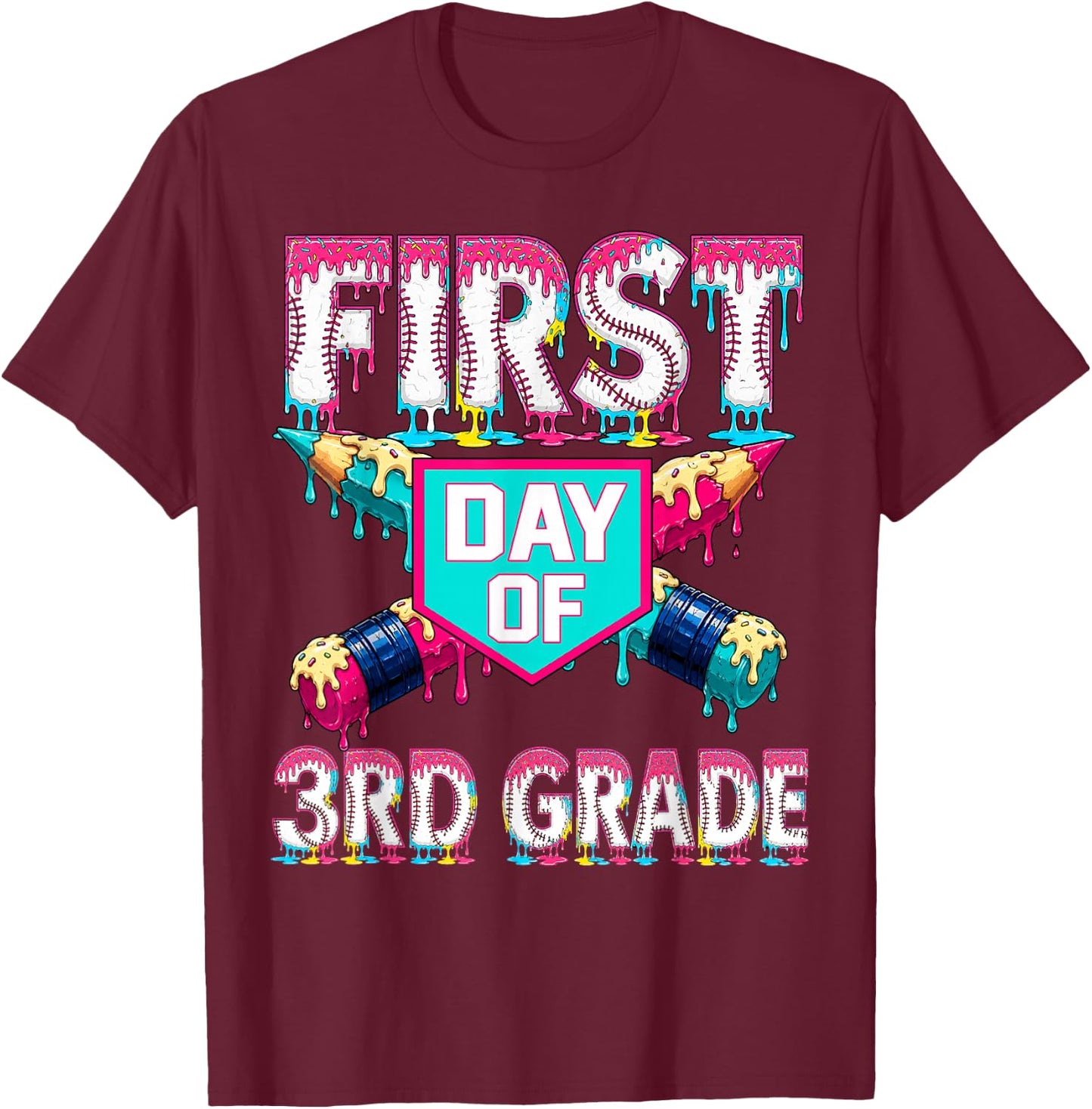 First Day School 3rd Grade Third Drip Baseball Teacher Boy T-Shirt - T-Shirt | Maroon
