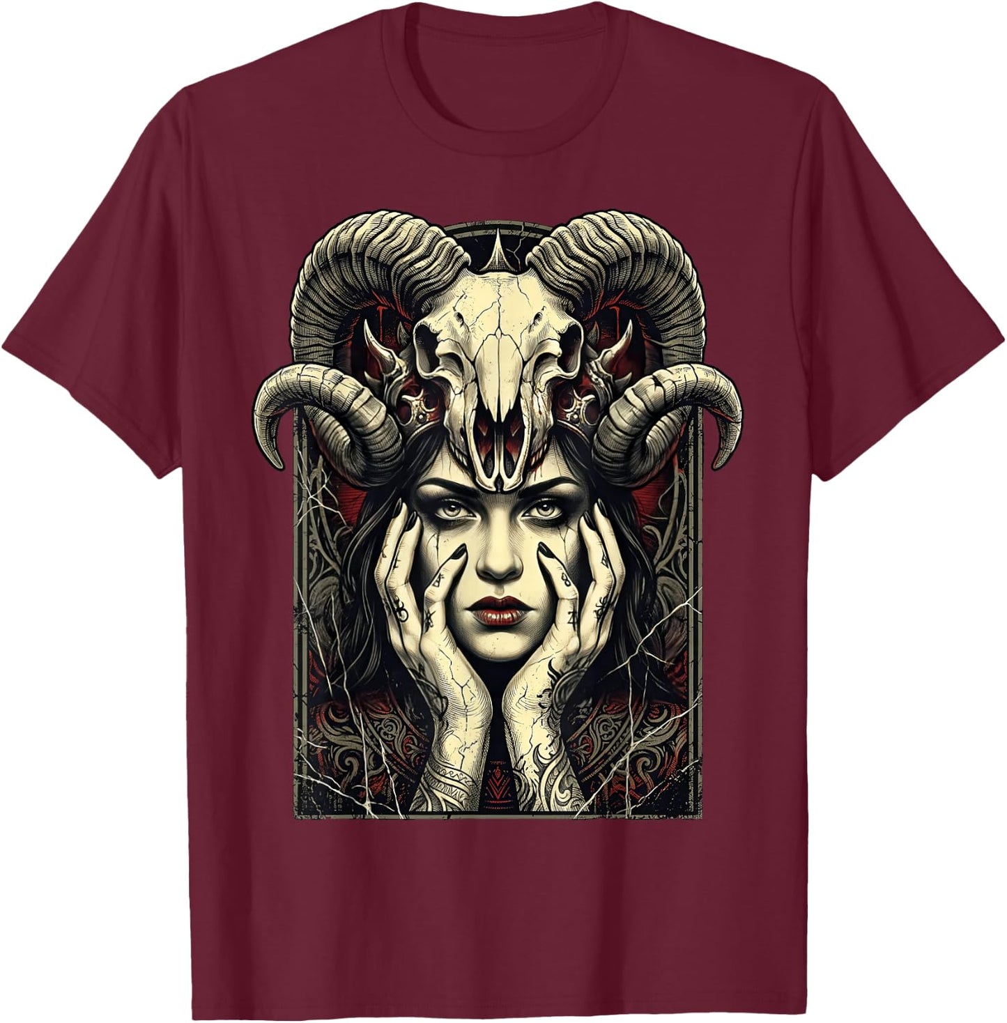 Gothic Horns Occult Witch Fantasy Demon Girl T-Shirt - T-Shirt | Maroon