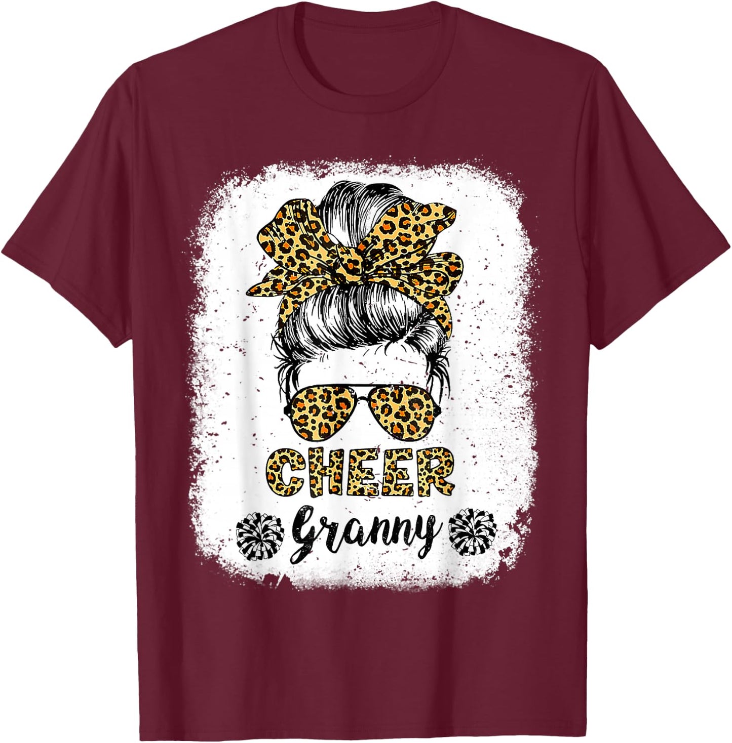 Cheer Granny Leopard Messy Bun Cheerleader Bleached T-Shirt - T-Shirt | Maroon